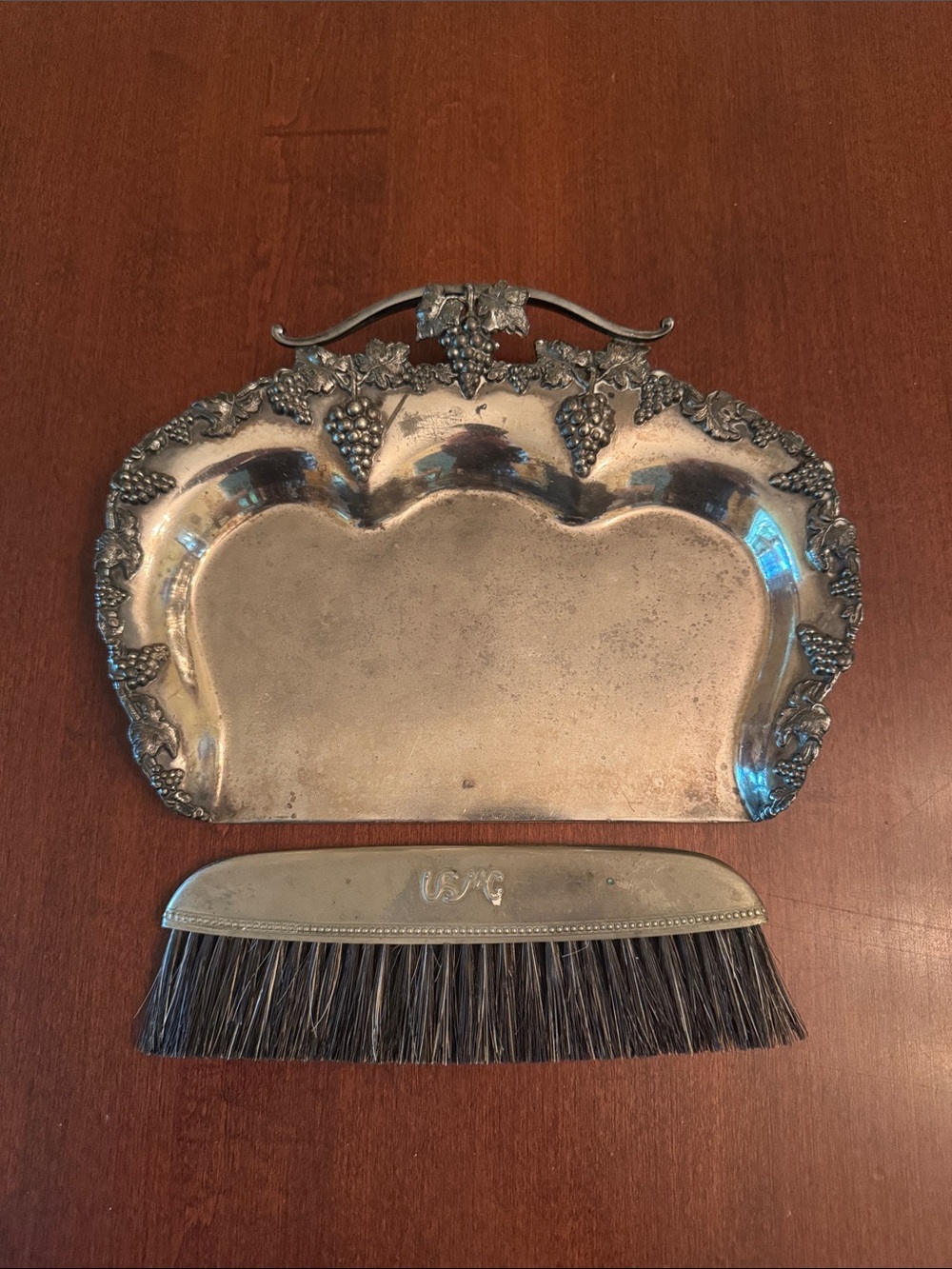 Vintage Silver Grape Motif Dustpan and Brush Set - Silver